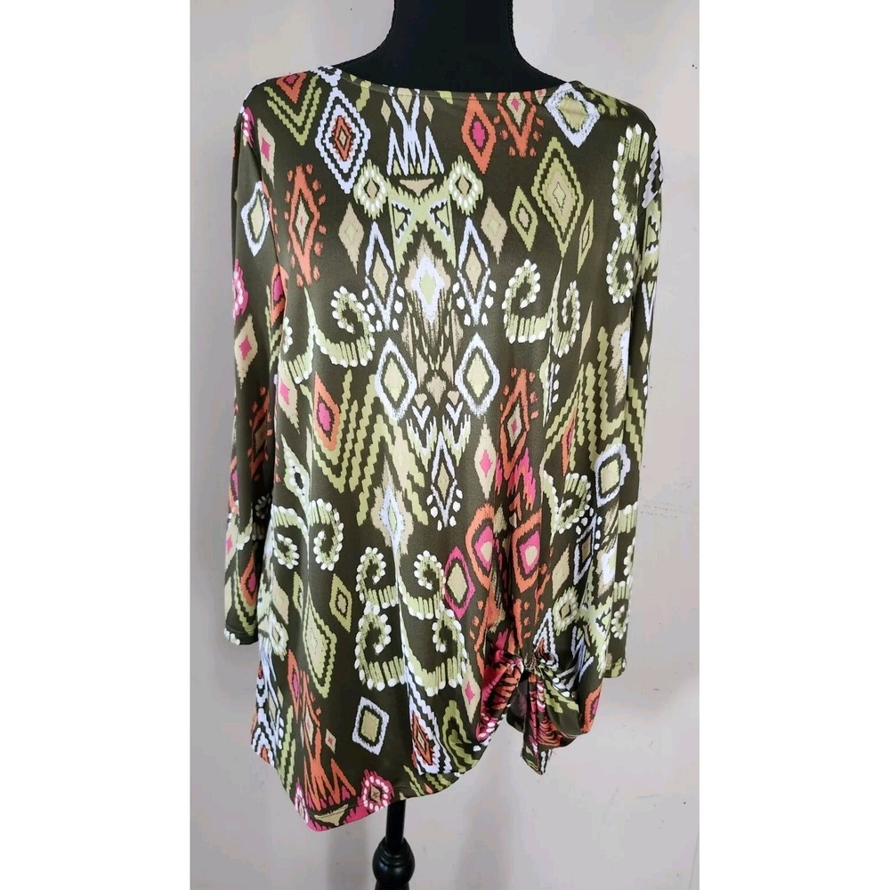 Ruby Rd Womens Size XL Silky 3/4 Sleeve Southwestern Knotted Front Top Shirt